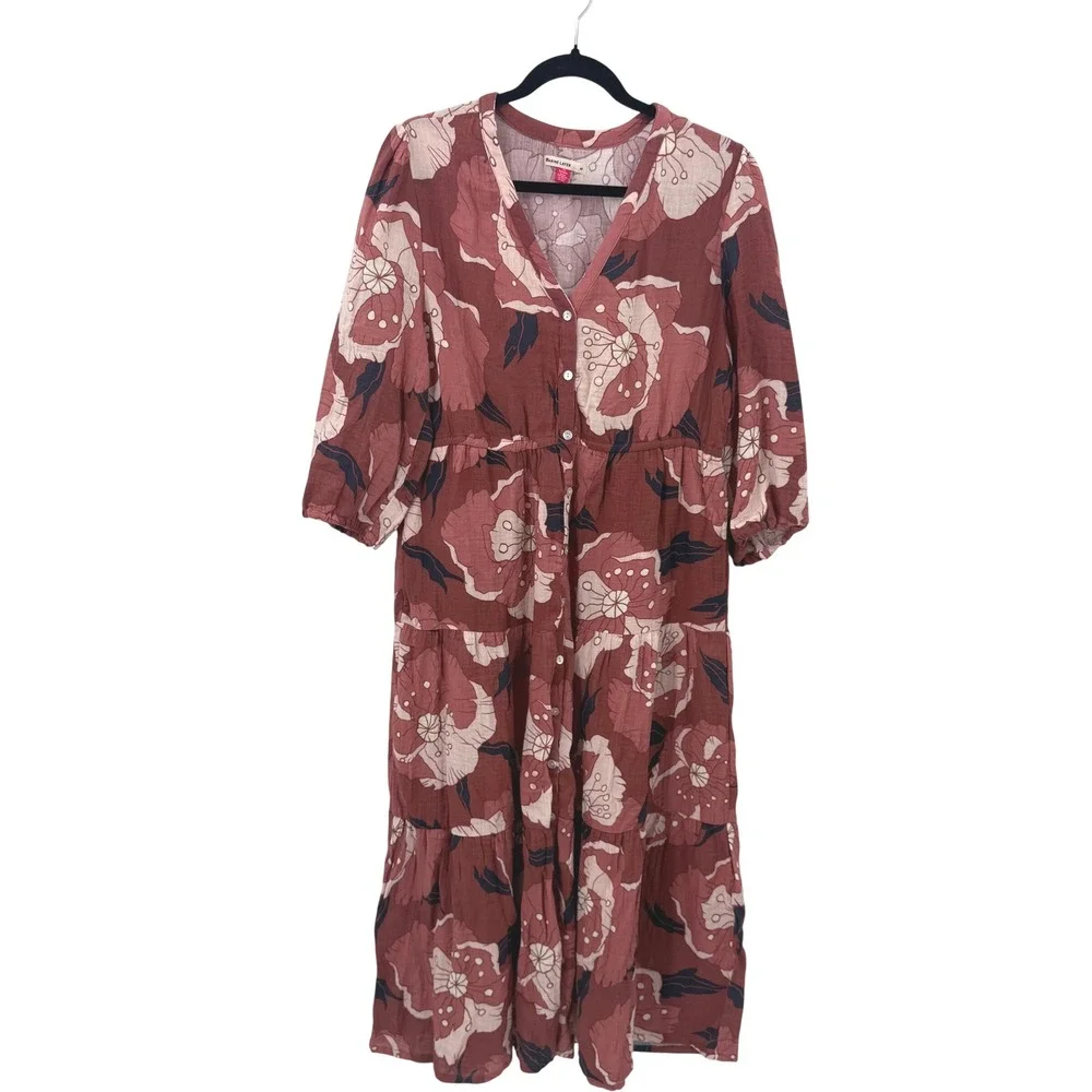 Marine Layer Rust Floral Cotton Gauze Tiered Midi Dress 15850 Womens Medium